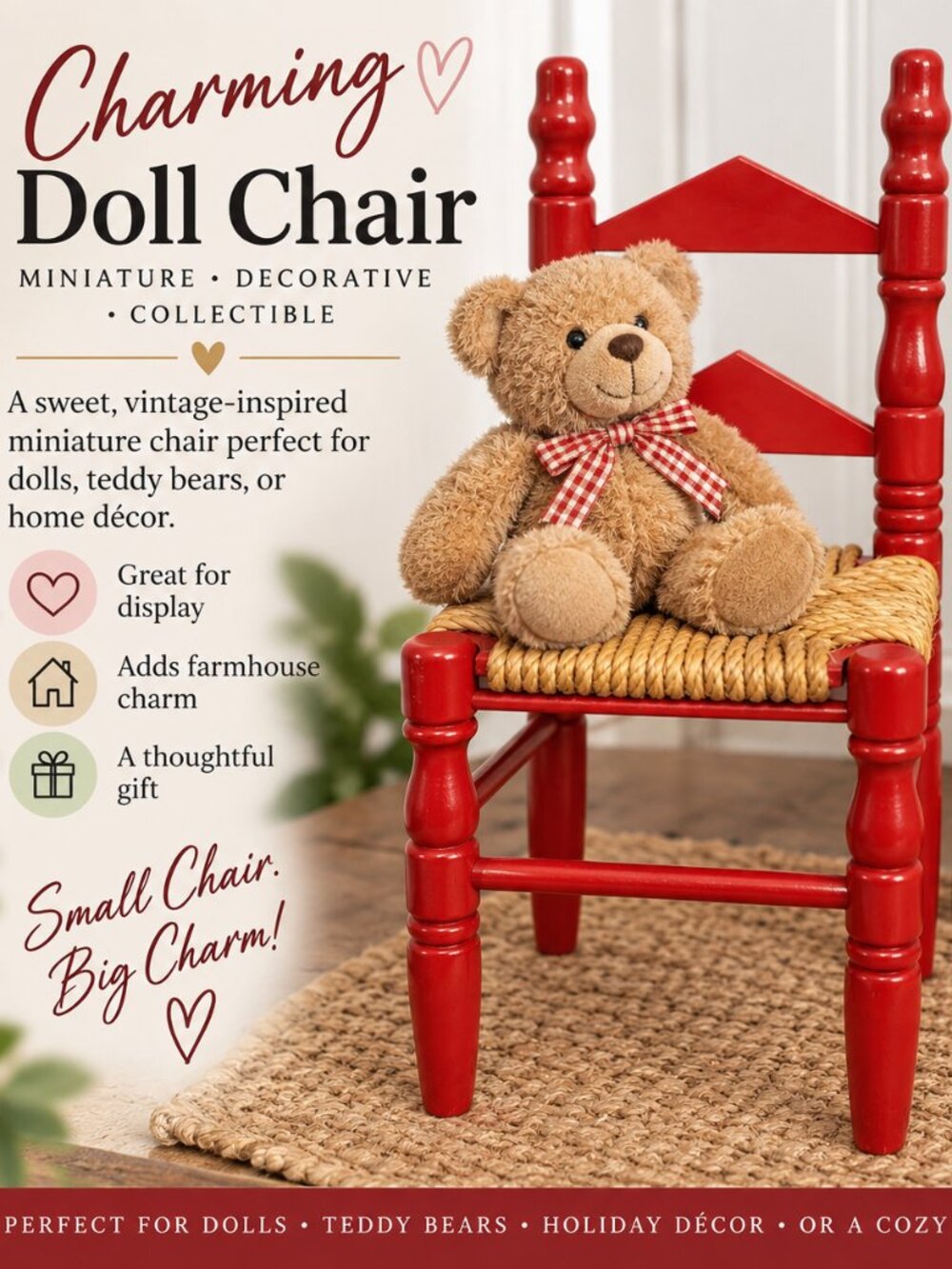 12" Red Wood Doll Chair Woven Rush Seat Miniature Farmhouse Decor